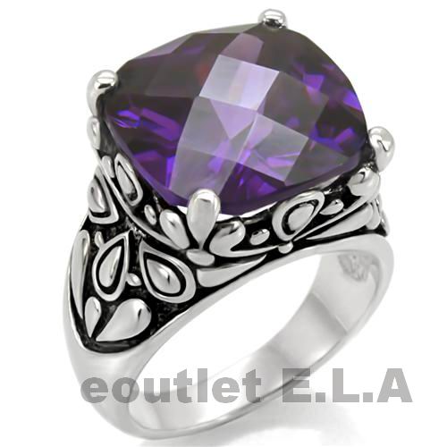 VINTAGE STYLE 20CT PURPLE CZ STAINLESS STEEL RING-4 sizes